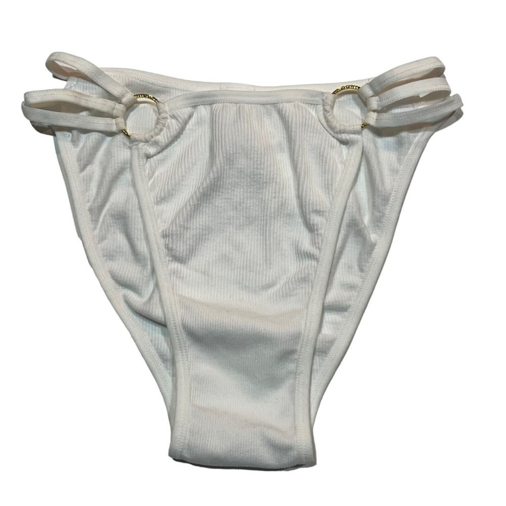 NWT AERIE High Cut Bikini Pantie Sz XL White Ribbed Gold Ring - Picture 1 of 4